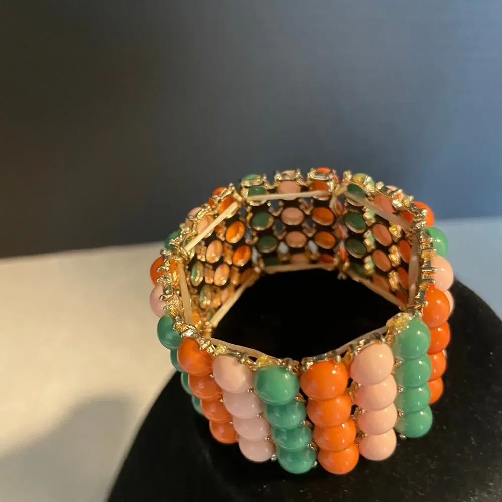 Vintage beaded statement bracelet multi color beads gold tone boho jewelry